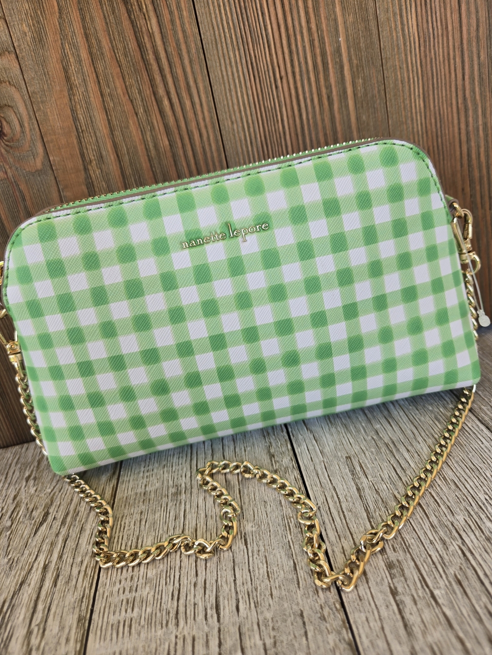 Nanette Lepore Green Gingham Small Gold Chain Handbag Resort Minimalist